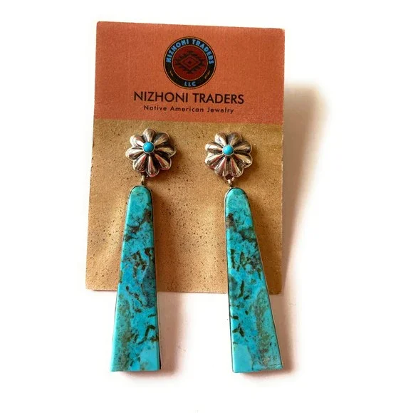 Navajo Sterling Silver & Turquoise Slab Concho Dangle Earrings